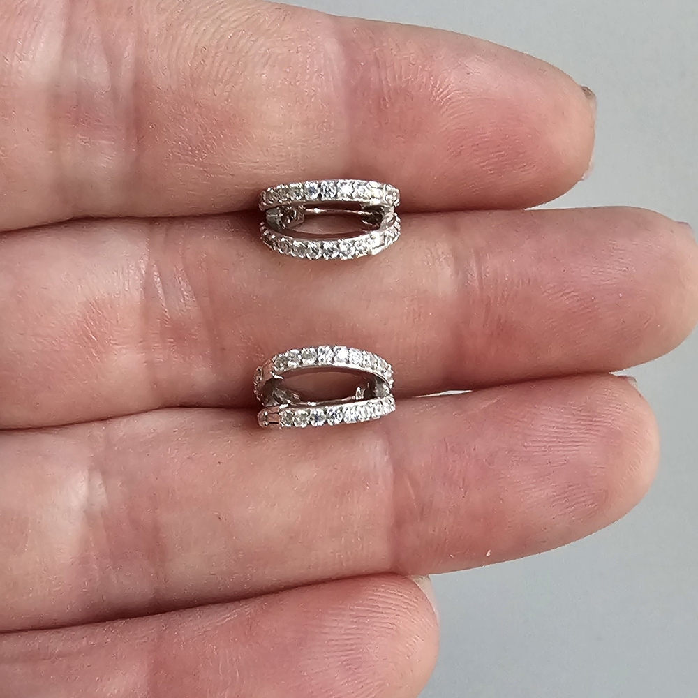 Sterling Silver White CZ Double Row Hoop Earrings